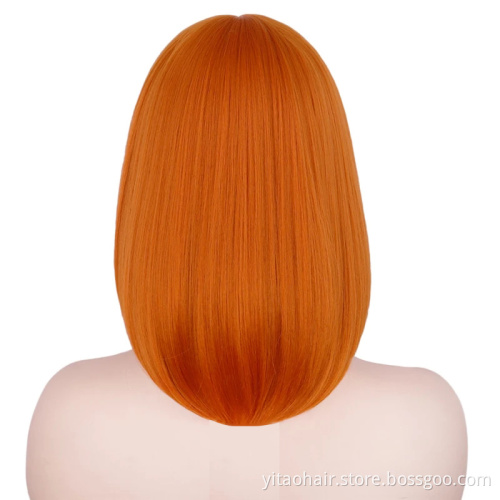 Anogol Cheap colorful  Synthetic hair Bob Wigs With Bangs  copper ginger orange  silk straight synthetic hair  wigs